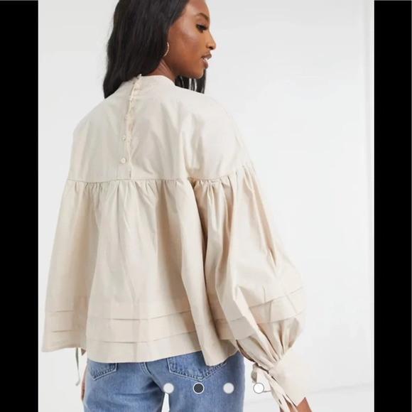 NWT Fashion Union Tall Smock Blouse with Tie Sleeves in Cream Size 6 - Picture 3 of 6